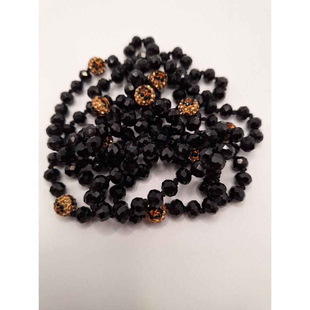 Beaded necklace endless black gold faceted 58 inches
